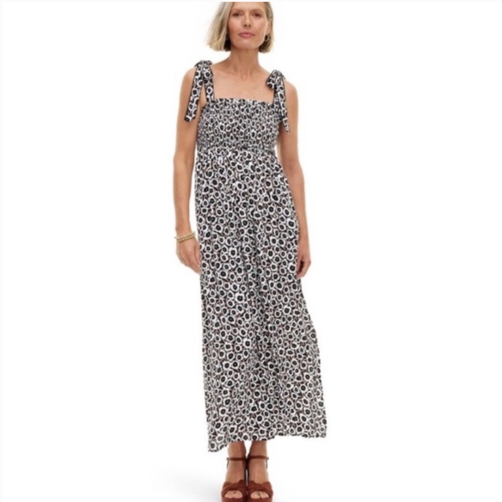 Diane Von Furstenberg Target Smocked Tie Strap Neutral Poppy Midi dress XXS new